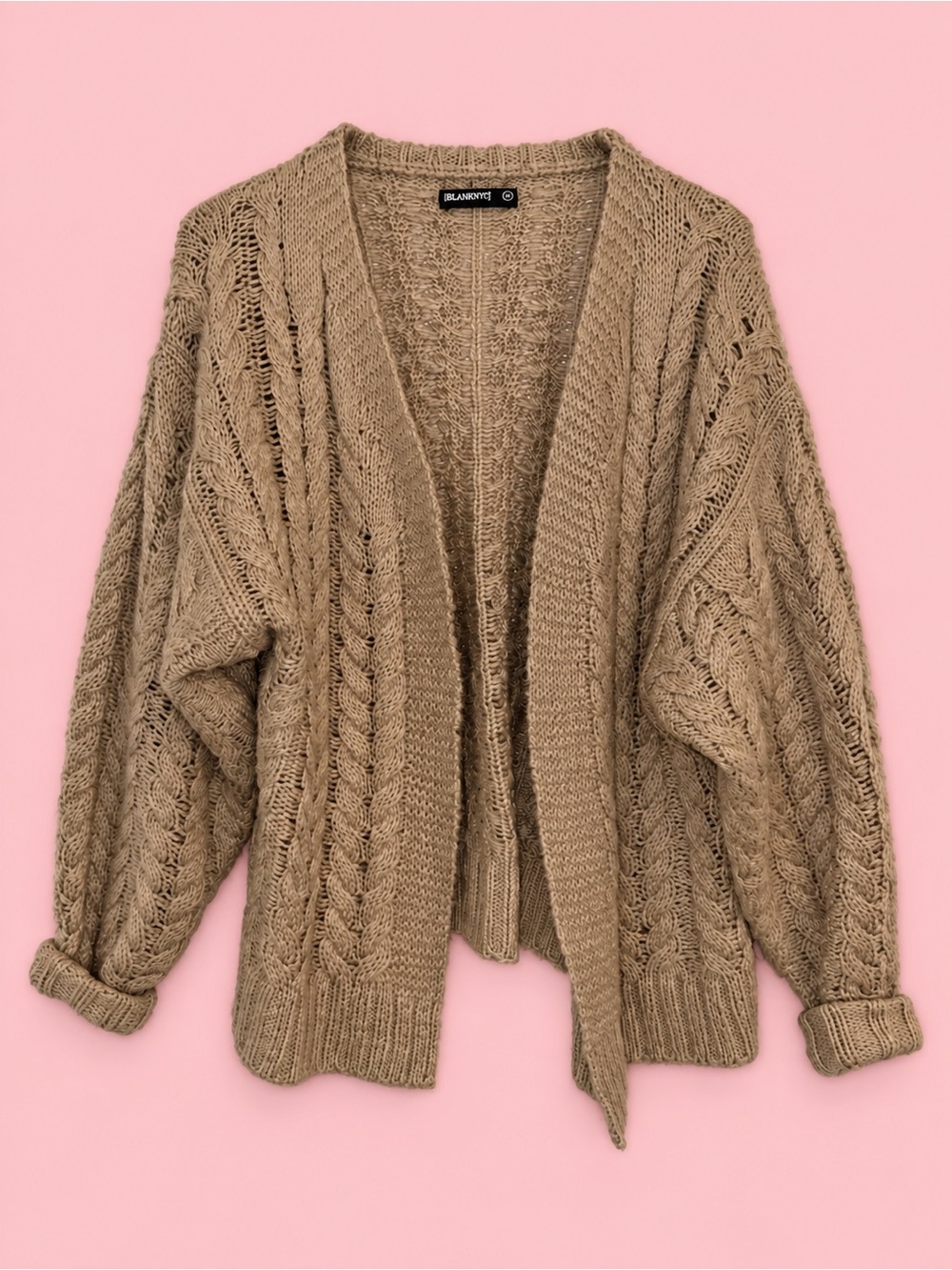 BLANKNYC Chunky Cable Knit Open Front Cardigan Sweater Camel Tan M
